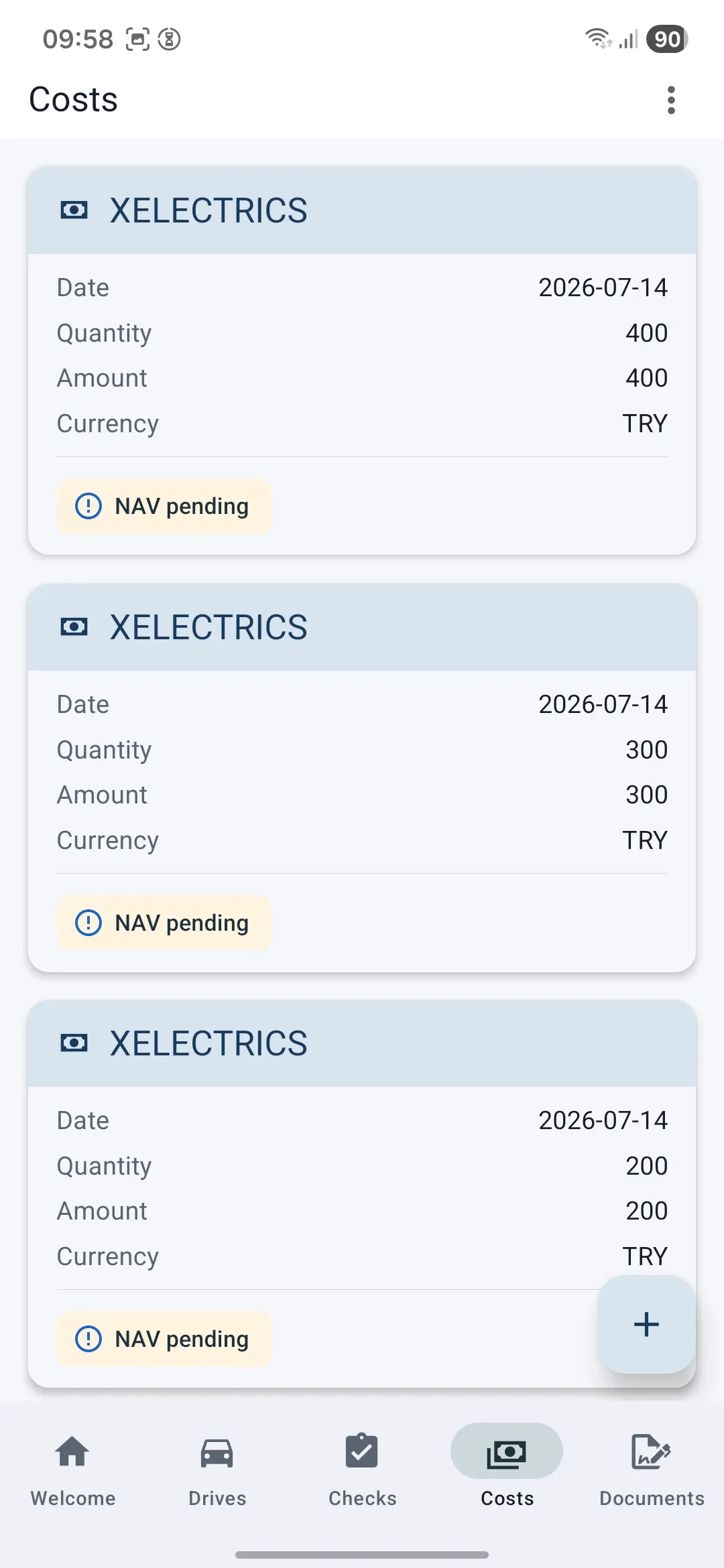 The Logbook costs list, showing logged vehicle costs awaiting sync