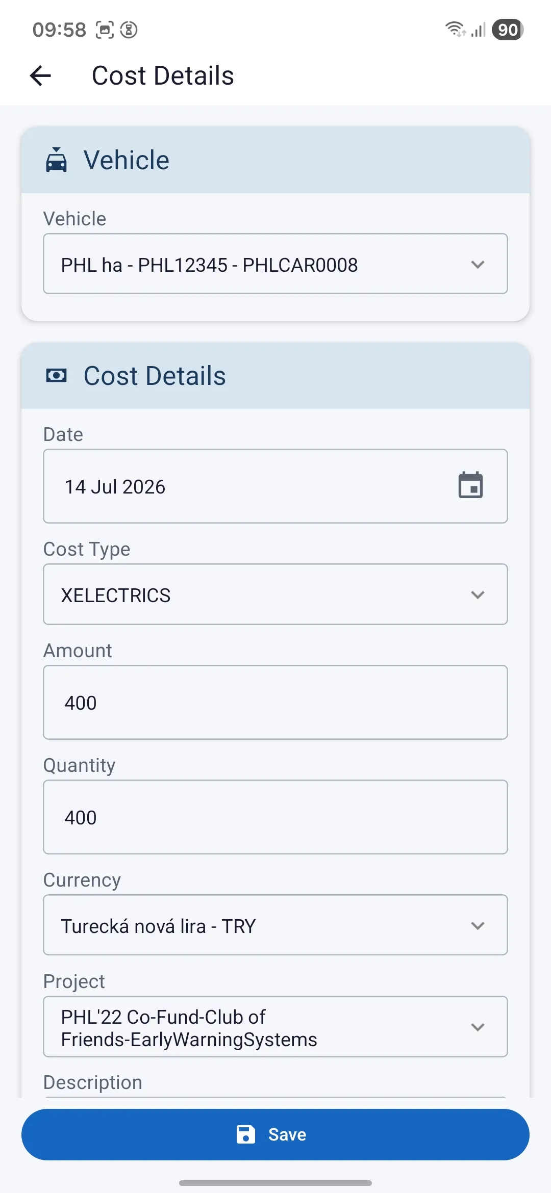 Entering vehicle cost details in Logbook — date, cost type, amount, currency and project