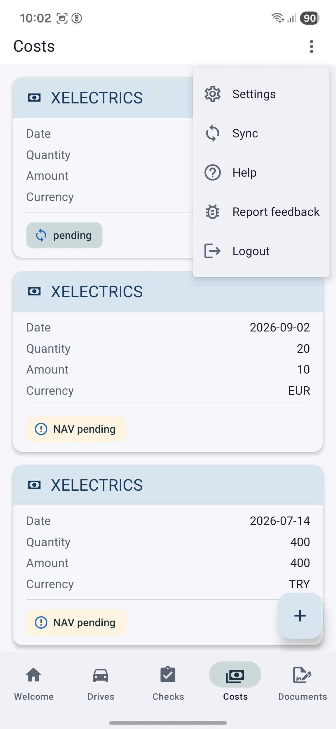 The Logbook costs list with the app menu open, showing settings, sync and help