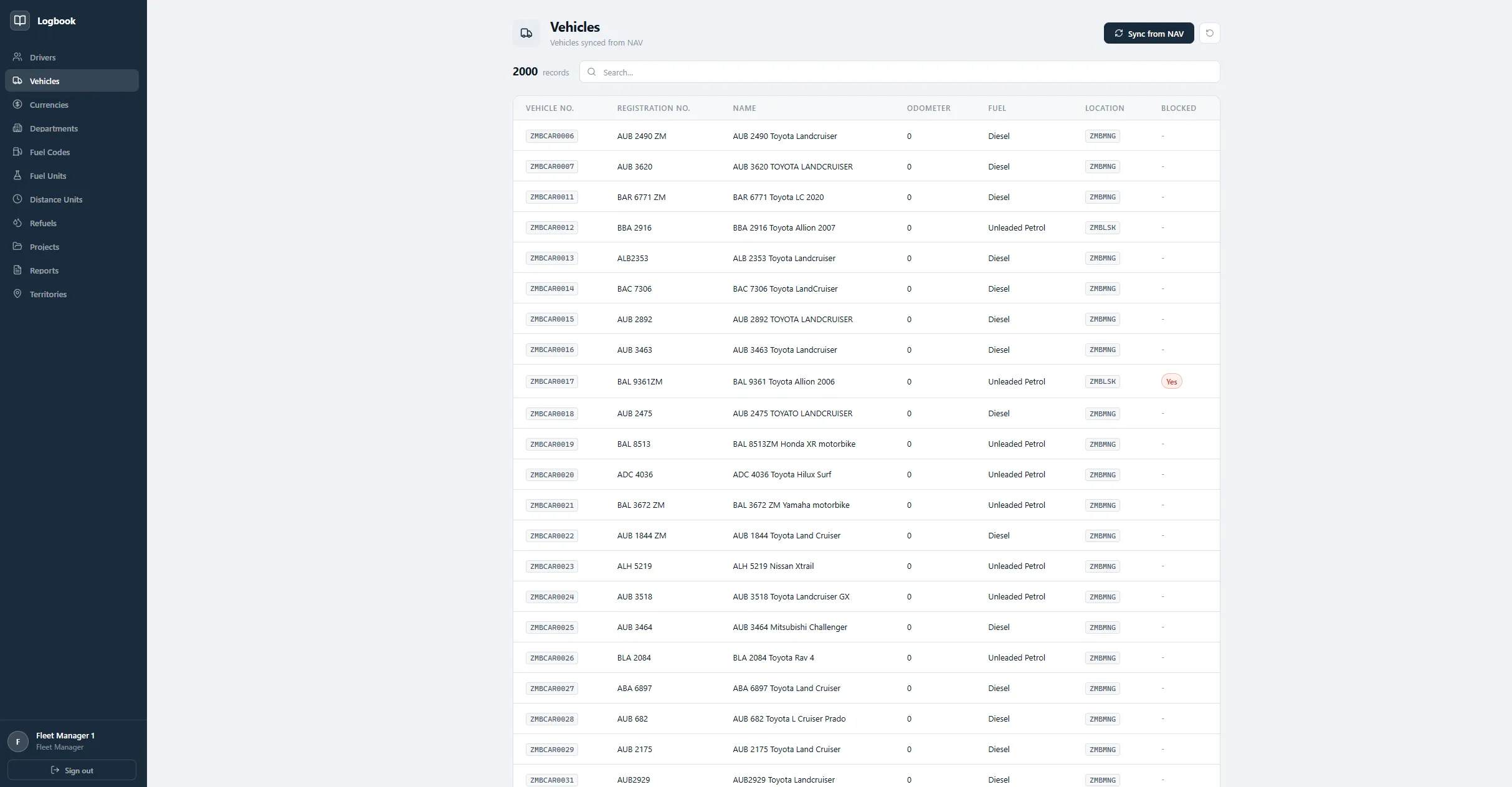 The vehicles table in the Logbook dashboard, listing registration, fuel type and location for each vehicle