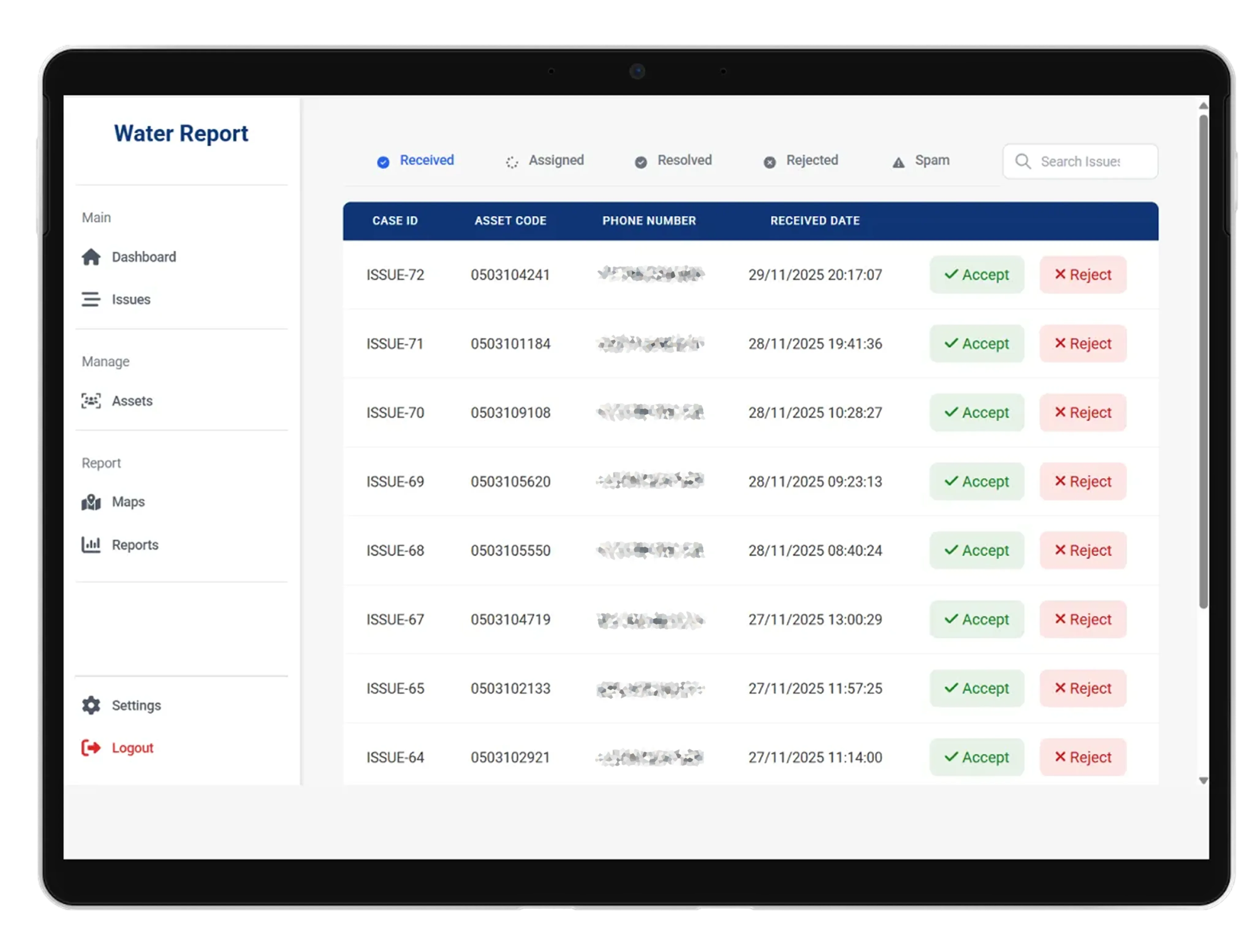 The Water Report fault-reporting interface